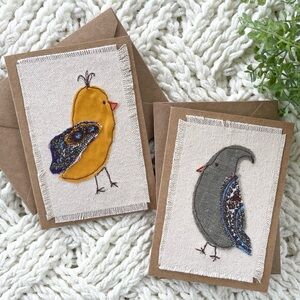 Handcrafted Fabric Stitched Greeting Card Set of Two Whimsical Bird Paisley